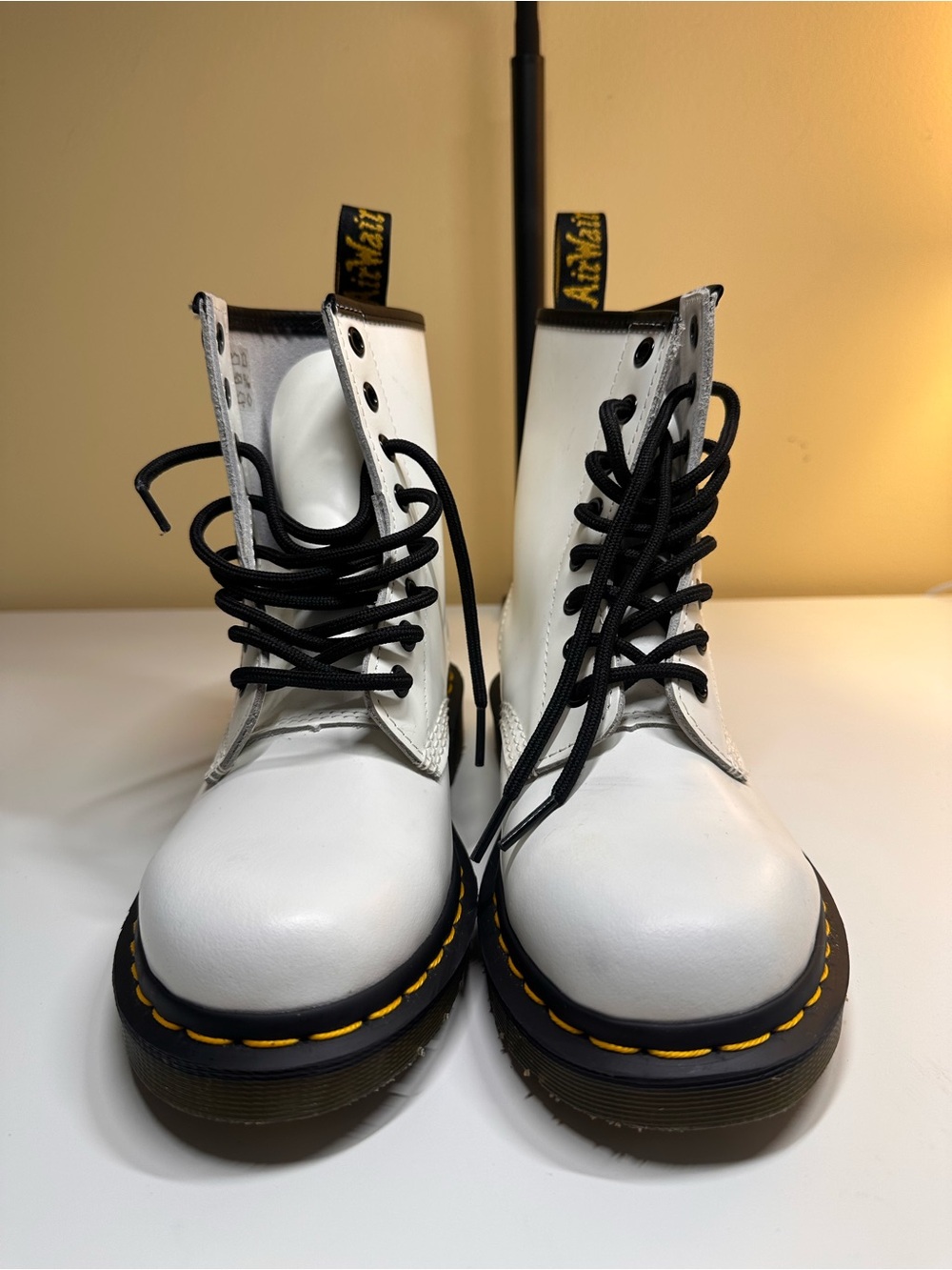 Dr. Martens White Leather 8-Eye Lace-Up Boots with Black Laces